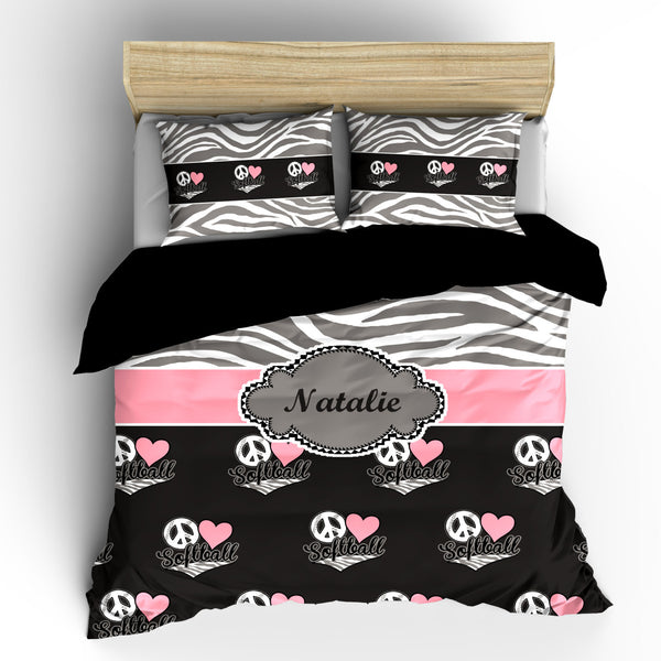 Monogrammed Softball & Zebra Bedding-  Silver Grey Zebra, Charcoal-wht-pink-grey Heart Love Softball- available Twin-Queen or King Size