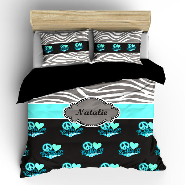 Monogrammed Softball & Zebra Bedding-  Silver Grey Zebra, Charcoal-Mint-Turq-LtAqua Heart Love Softball- available Twin-Queen or King Size