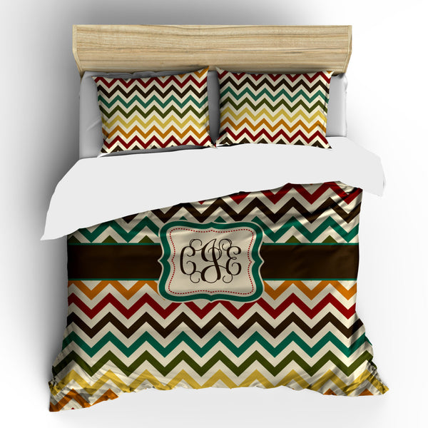 Personalized Custom  Duvet Cover-Warm Multi Colors Chevron - Available Twin, Queen or King