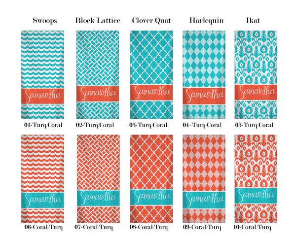 Custom Personalized Beach Towels -Five Patterns - Ten Colors - Coral and Turquoise Combo Pattern