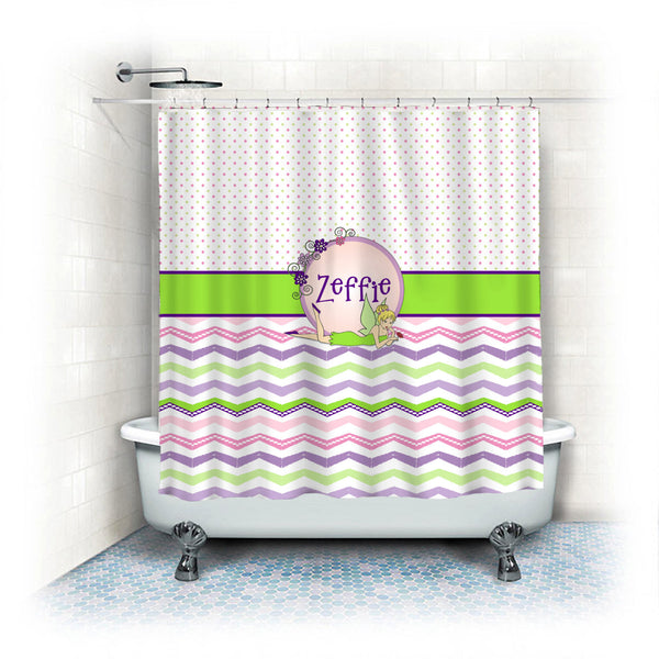 Tink Inspired Theme Shower Curtain - Pink and green Dots and Stylized Chevron - Fantasy Fairy Monogram Frame