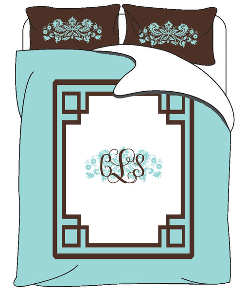 Simplicity Inverted Greek Key With Frame Duvet & Shams- Your Choice of Colors- shown color with white details
