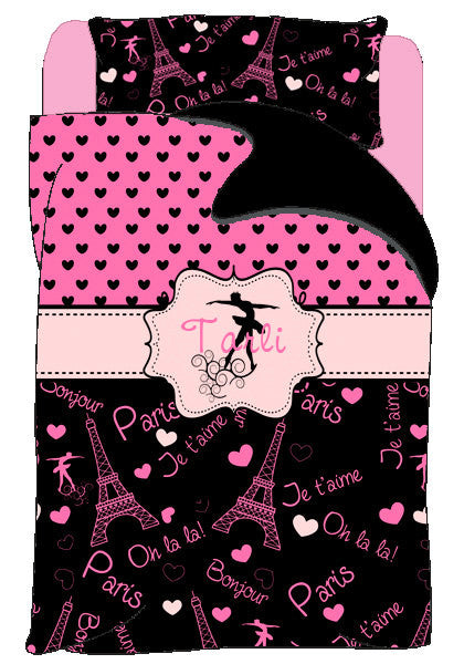 Custom Duvet Cover Pink & Black Paris Dance Design and pillowcovers - with Name or Dance Element - available in Twin or Queen