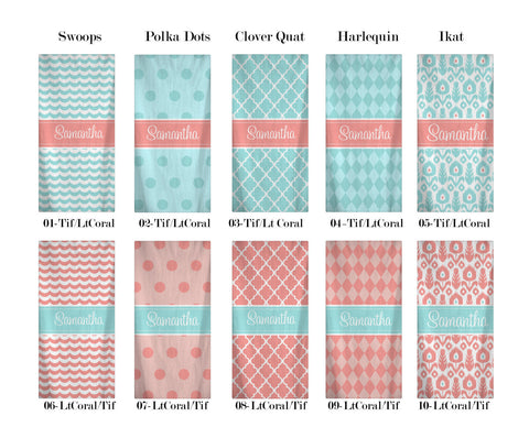 Custom Personalized Beach Towels -Five Patterns - Ten Colors - Lt Coral and Lt Aqua - Robins Egg BLue Combo Pattern