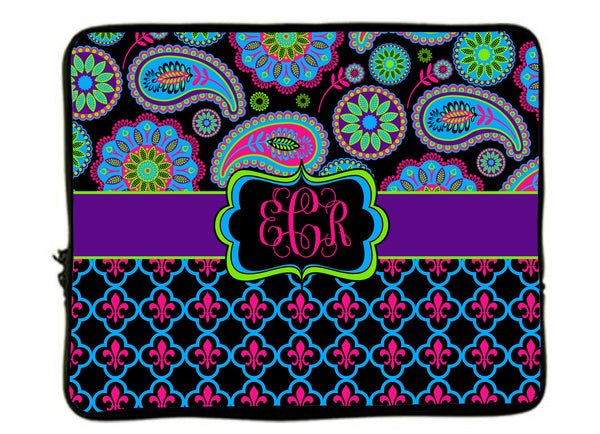 Personalized Monogram Designer Paisley & Fleur de Lis Laptop Sleeves - Any choice -13" and 17"