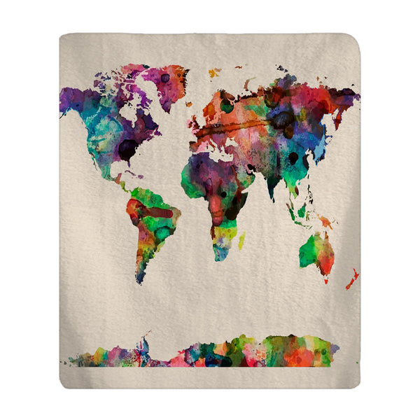 Personalized Watercolor World Map Plush Fleece Blanket - available many color background options
