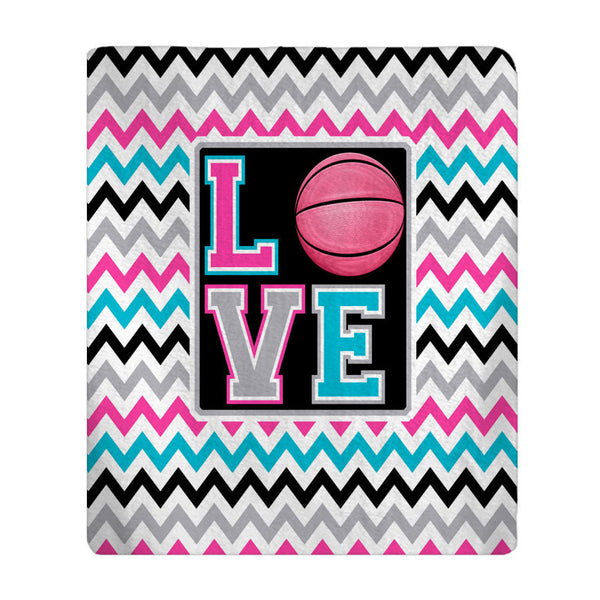 Personalized Love Basketball Plush Fleece Blanket - Shown in Hot Pink and Turquoise and Lime and Turquoise Option