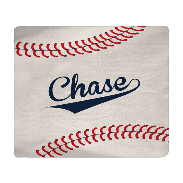 Personalized Stitched Baseball Plush Fleece Blanket - Shown in Beige, Navy and Red color
