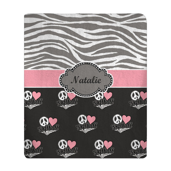 Personalized Peace Heart Softball Plush Fleece Blanket - Shown in Gray Zebra and Pink Options - Any Color