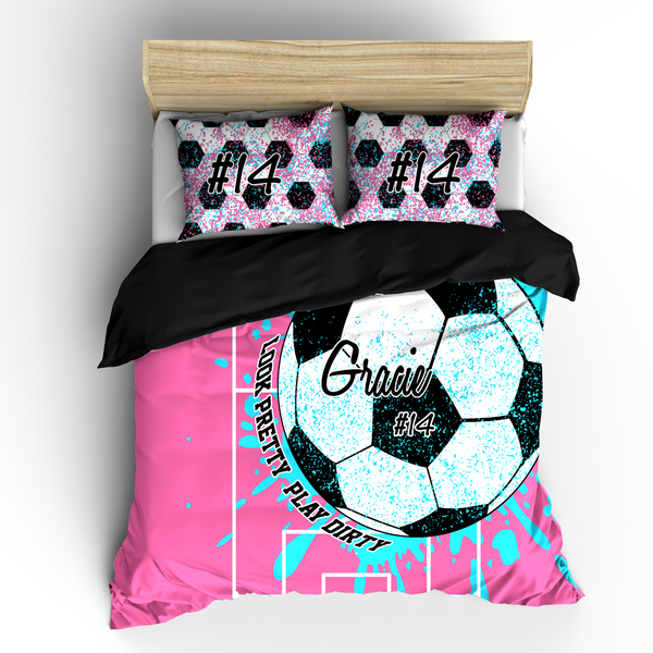 Look Pretty - Play Dirty Girl's Soccer Bedding Hot Pink and Turquoise