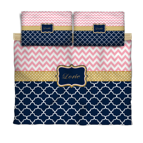 Chevron and Quatrefoil Gold Accents Bedding with 2 or 3 Pillowcover Shams