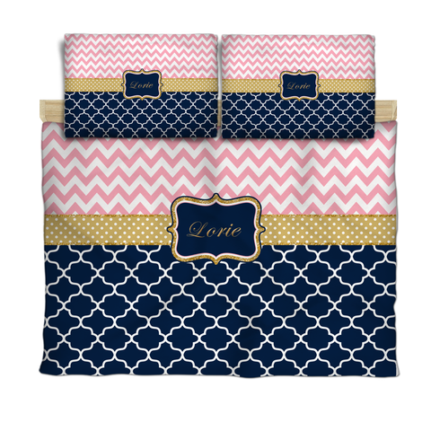 Chevron and Quatrefoil Gold Accents Bedding with 2 or 3 Pillowcover Shams